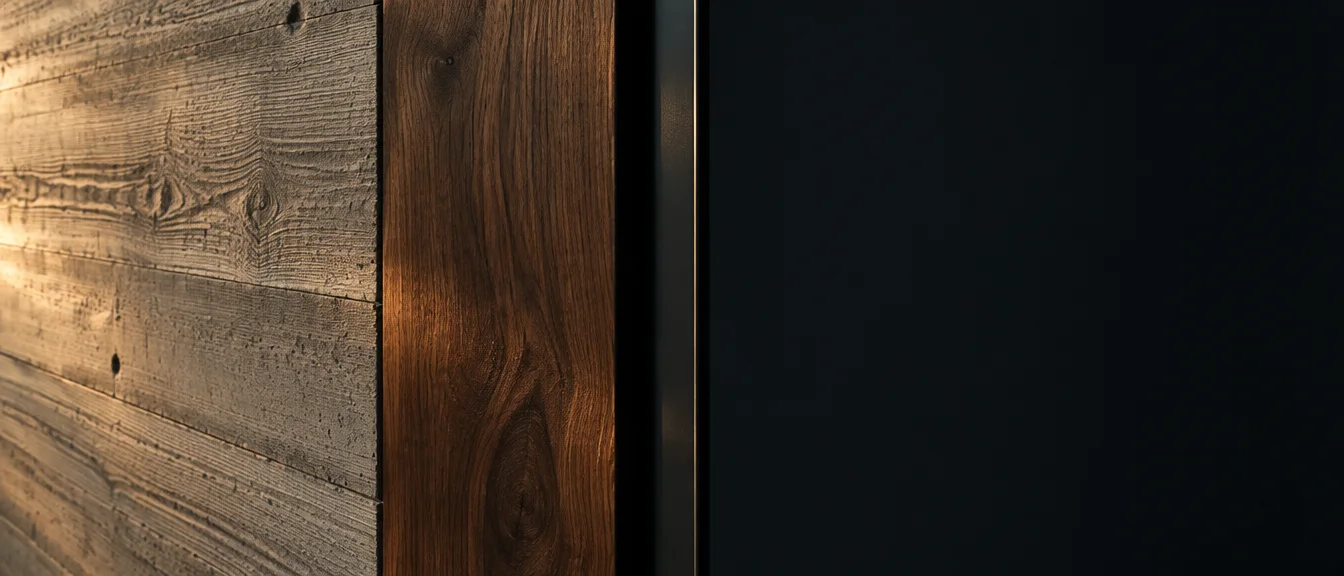 Board-formed concrete meeting oiled walnut and a black steel channel