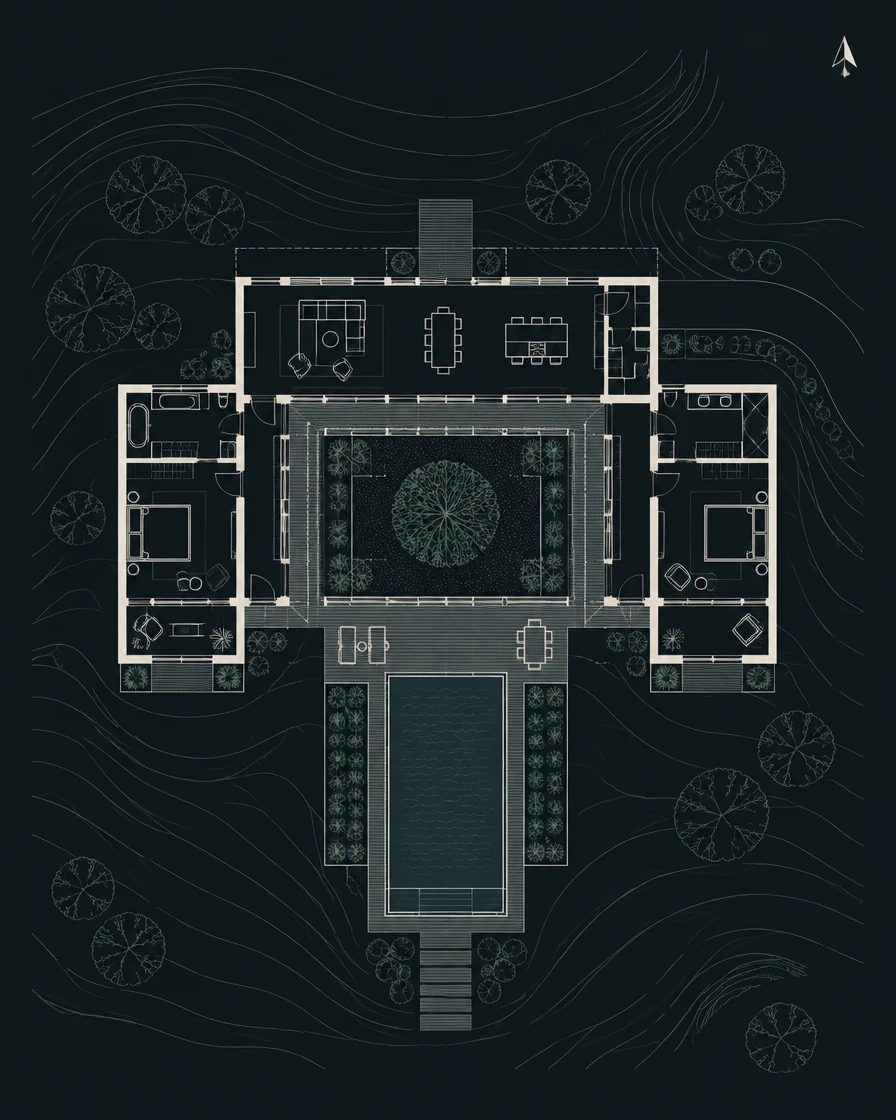 Floor plan of a courtyard home drawn in fine white line over site contours