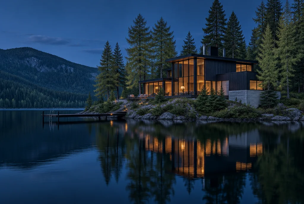A cedar and glass lake house glowing above a still mountain lake at dusk