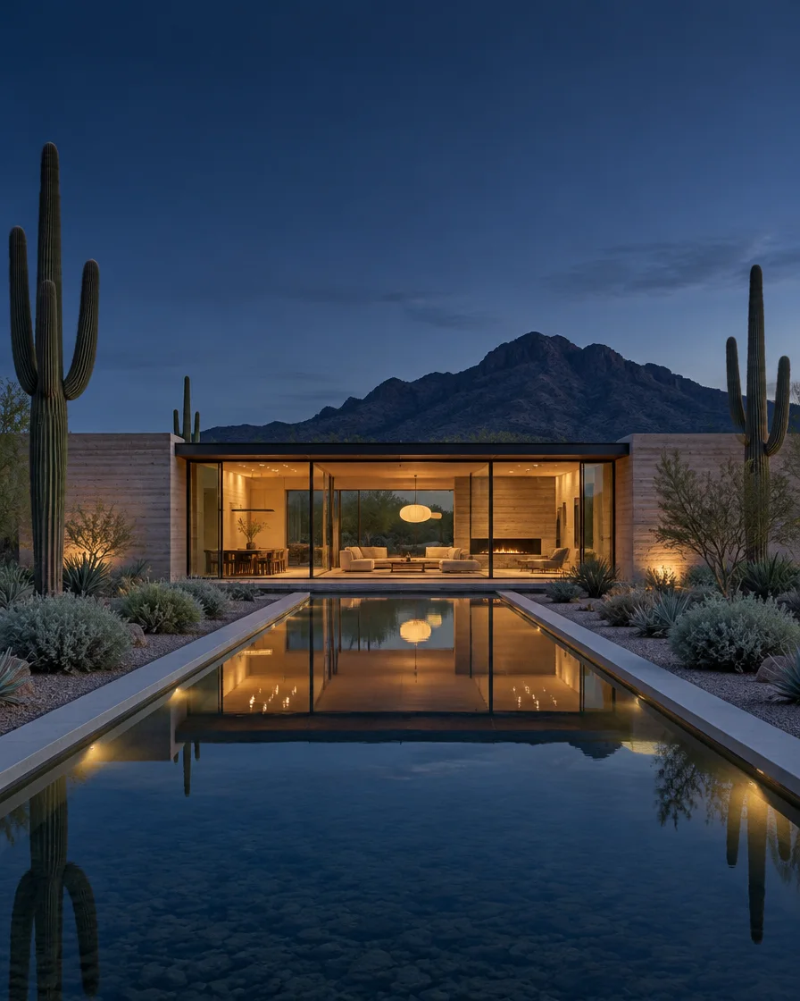 A low rammed-earth home with a long reflecting pool among saguaros at dusk