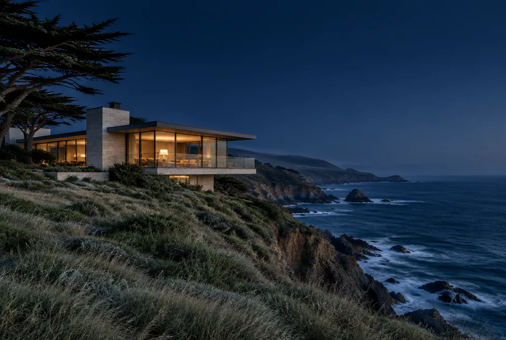 A limestone and glass home on a grassy cliff above the Pacific at dusk